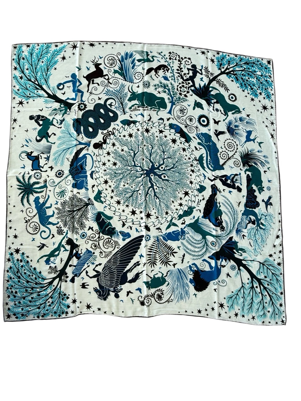 Designer-style 130cm Cashmere-Silk Zodiac Motif Scarf - Blue & Teal